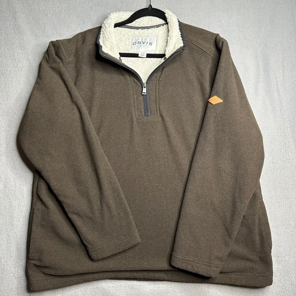 ORVIS Men's Brown Textured Sherpa Lined Quarter Zip Pullover Sweater XL EG - Picture 5 of 8